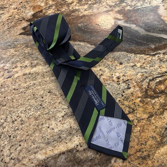 Hilditch & Key 100% Silk Necktie Tie Striped Navy Blue Green 61 x 3 3/4 - Picture 2 of 4